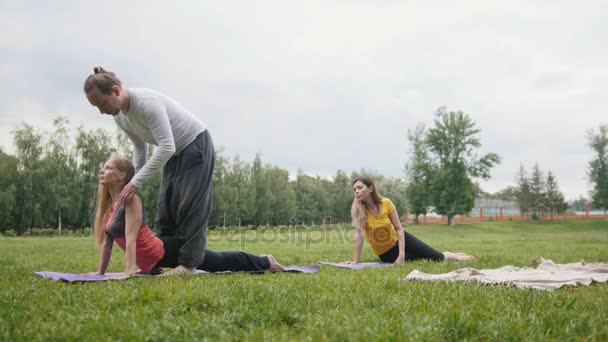 Yoga en el parque matutino - el instructor está formando a las mujeres jóvenes para la flexibilidad — Vídeos de Stock