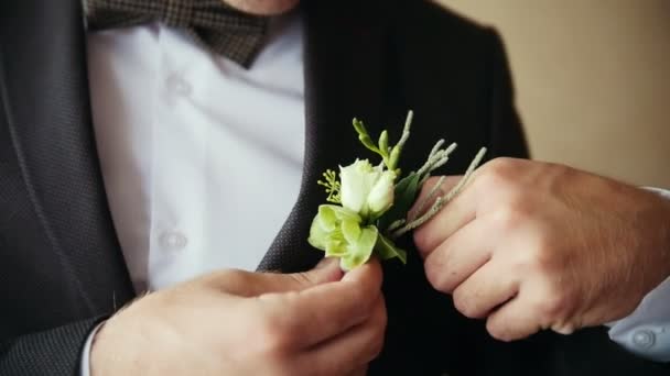 Brudgummen tar bröllop boutonniere som passar — Stockvideo