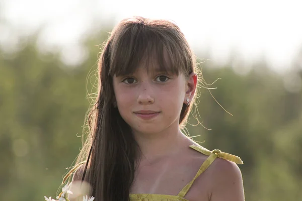 Chica adolescente con el pelo largo en el patio del campo, pueblo ruso — Foto de Stock