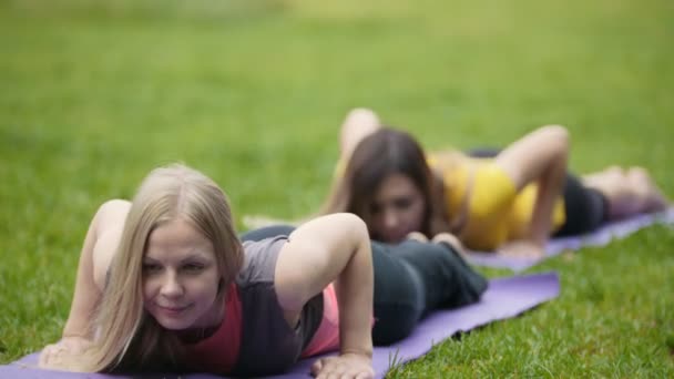 Привабливі молоді жінки проводять тренування для гнучкості в парку — стокове відео