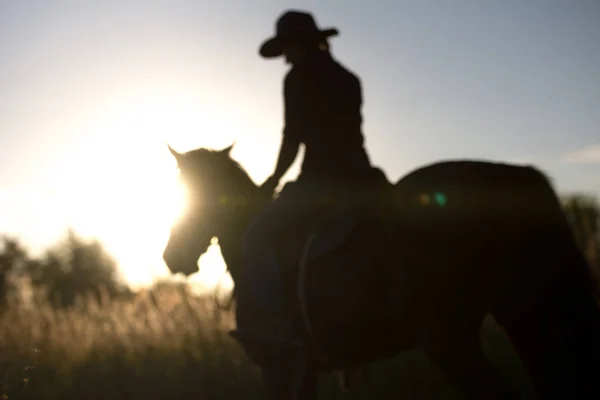 Silueta de una mujer montando un caballo frente al sol - puesta de sol o salida del sol —  Fotos de Stock
