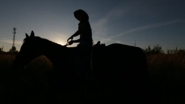 Cavaleiro caminhando ao pôr-do-sol - tiro silhueta, câmera lenta — Vídeo de Stock