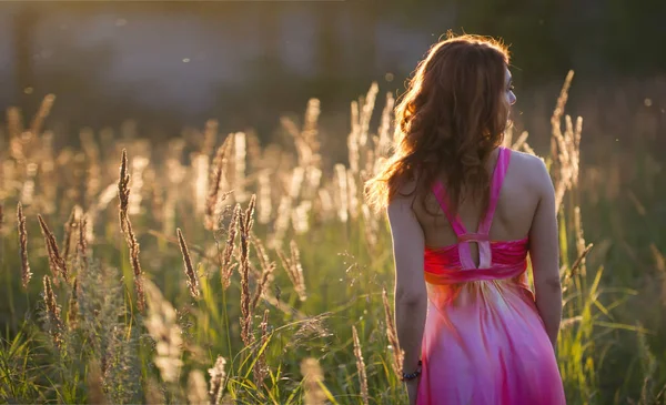 Attraente giovane donna che cammina sul prato al tramonto - vista posteriore — Foto Stock