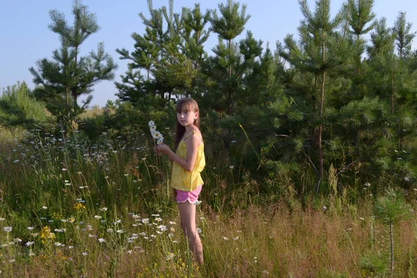 Счастливая девочка-подросток на летнем лугу, собирающая цветы — стоковое фото