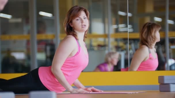 Vuxna mogna kvinnor sträcker ut i gym - yoga utbildning — Stockvideo