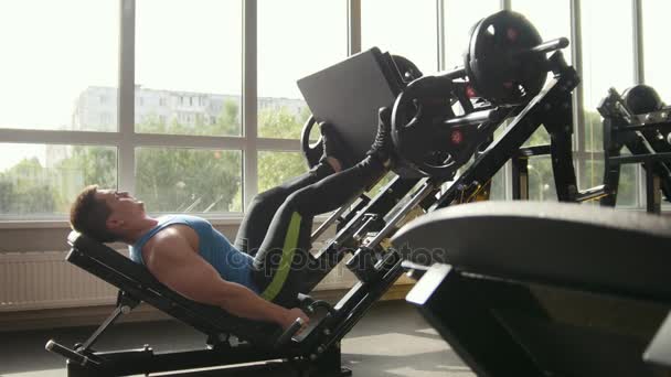 Clube de fitness - homem muscular exercitando-se na perna imprensa máquina — Vídeo de Stock