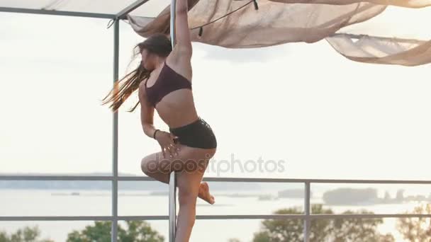 Pole dance - chica sensual realiza espectáculo erótico en el techo — Vídeos de Stock