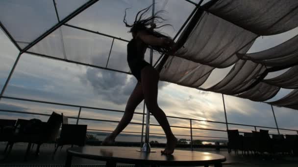 Αισθησιακό κορίτσι χορευτής με ρέει μαλλιά περιστρέφεται γύρω από πόλο - slow-motion σιλουέτα — Αρχείο Βίντεο