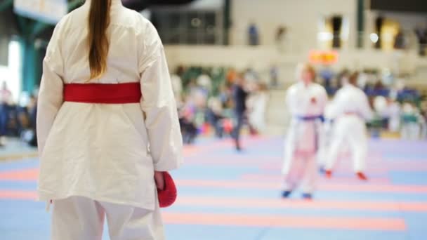 Adolescentes deportivos - niños deportistas en karate tatami - listo para la lucha — Vídeo de stock