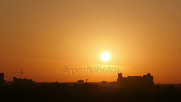 Napkelte felett city skyline - vörös nap, építőipari daru, silhouette — Stock videók