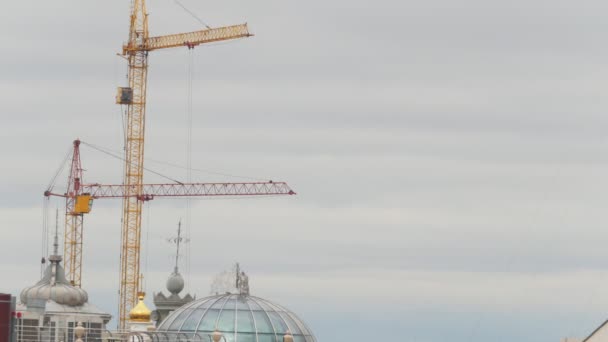 Grues de construction jaunes sur chantier — Video