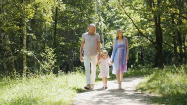 Mutlu aile güneşli gün parkta yürüyüş