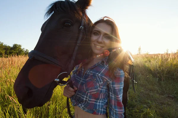 Mulher e cavalo no prado à noite de verão, horizontal — Fotografia de Stock