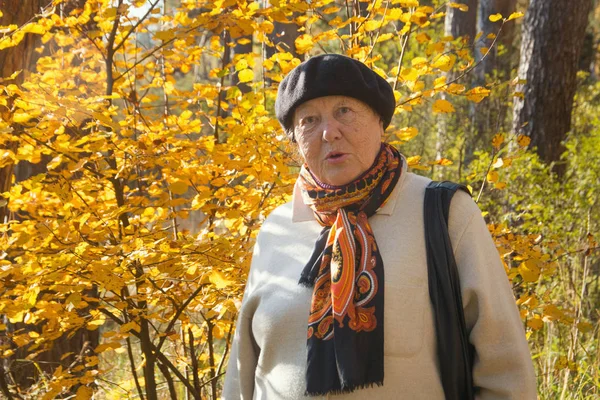 Удивлённая пожилая женщина в осеннем парке — стоковое фото