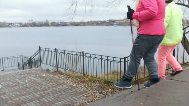 Nordic walking para mujeres mayores al aire libre - dos señoras mayores tienen entrenamiento al aire libre — Vídeos de Stock