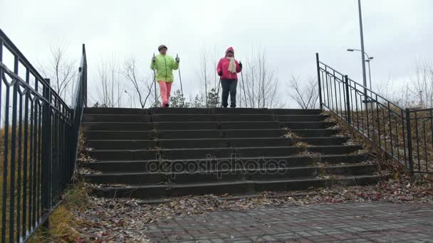Two elderly women doing Nordic walking in autumn Park outdoor — Stock Video