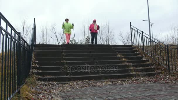 Deux femmes âgées faisant de la marche nordique à l'automne Park outdoor — Video