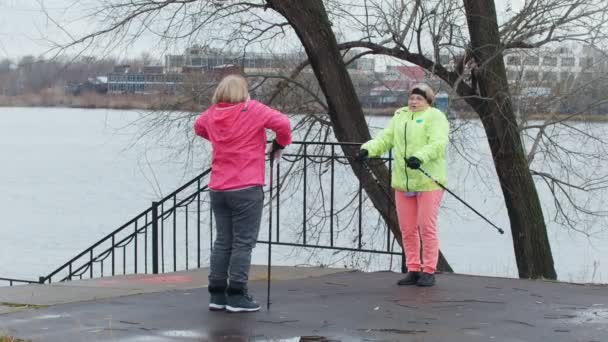 Mulher idosa no parque de outono fazendo aquecimento antes da caminhada nórdica — Vídeo de Stock