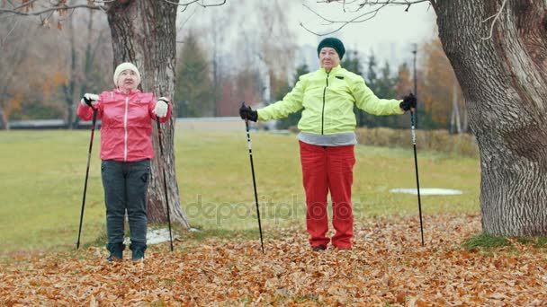 Two happy elderly women in autumn park doing warm up before exercises - nordic walking — Stock Video