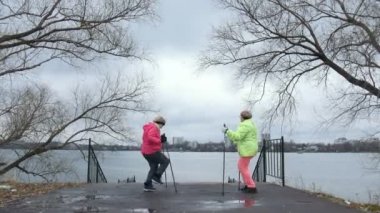 Sonbahar Park Nordik yürüyüş önce sıcak yapıyor yaşlı kadın