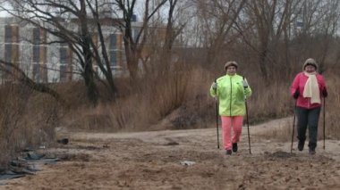 İki yaşlı kadın sonbahar park var modern sağlıklı eğitim - Kuzey yürüyüşü