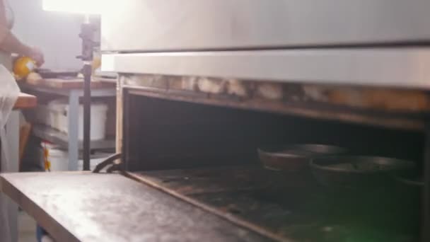 Cook zet taarten in oven voor het bakken — Stockvideo