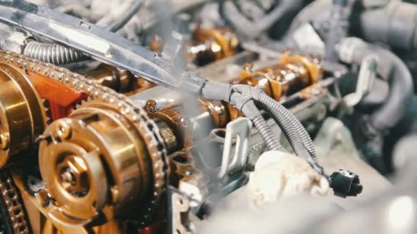 Den förbränningsmotor, reparation på bilservice, Detaljer under huven på bilen — Stockvideo
