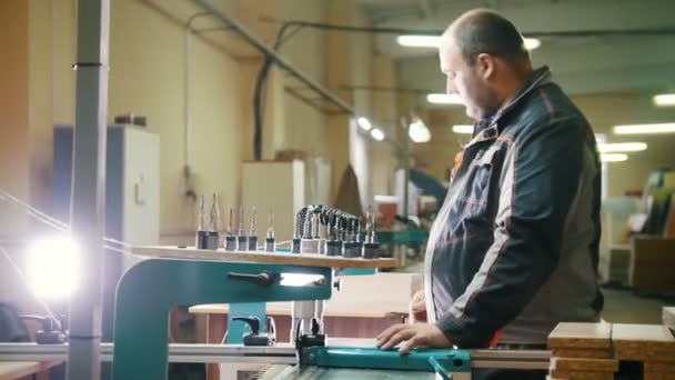 Pracovní tesař řez dřevěných obrobku na továrnu na výrobu nábytku — Stock video
