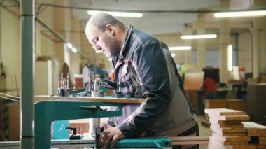 Ahşap bir parça kesip bir mobilya fabrikası işçisi marangoz