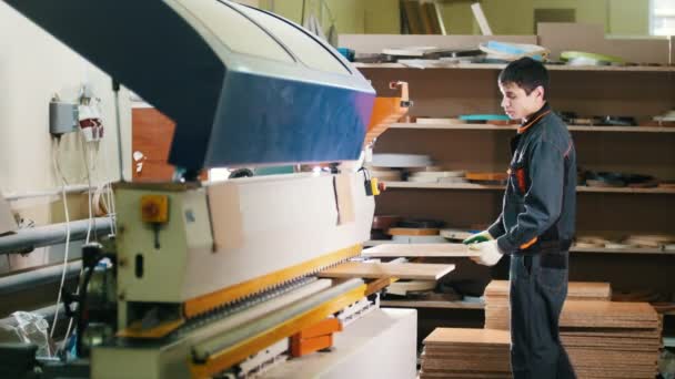 Il falegname operaio maneggia parti di mobili in legno sulla macchina in fabbrica — Video Stock