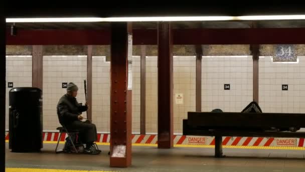 New York, USA - Dezember 2017: Chinesischer Straßenmusiker spielt Erhu-Musik in der New Yorker U-Bahn — Stockvideo