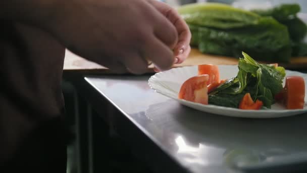 Mannelijke chef-kok voorbereiding salade in commerciële keuken — Stockvideo