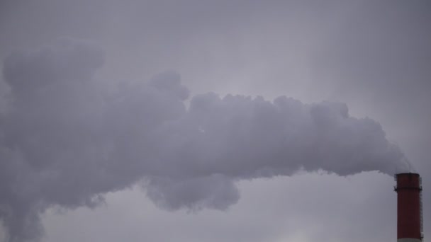 Teleobjektiv záběr potrubí s kouřem v zatažené obloze - chemický průmysl — Stock video