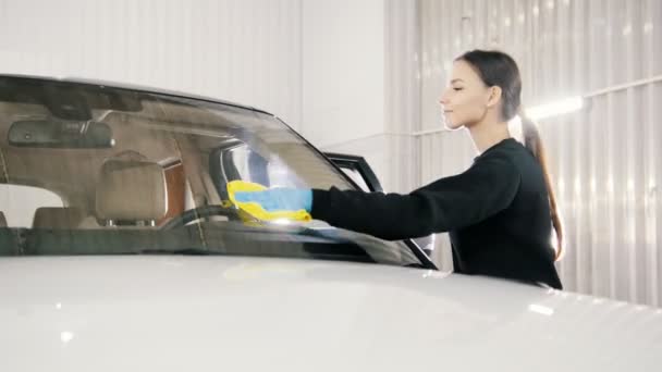 Autoreinigung - attraktive junge Frau wäscht Windschutzscheibe eines Luxusfahrzeugs
