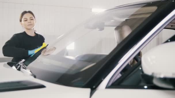 Auto detaillering - vrouw is het reinigen van de voorruit van een voertuig van de luxe — Stockvideo