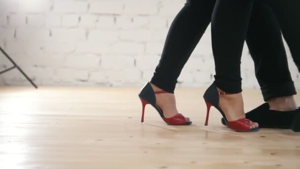 Dançarinos pés vestindo sapatos de moda - casal familiar está dançando kizomba em estúdio — Vídeo de Stock