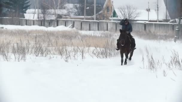 赤馬 - スローモーションに屋外 snowly のギャロッピング若い女性 — ストック動画
