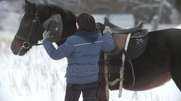 Mujer usar el sombrero cerca de caballo en campo de invierno — Vídeo de stock