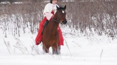 Kışın karda atlı yürüyüş Kırmızı elbiseli çekici genç esmer