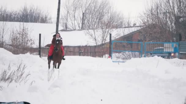 Junge Brünette im roten Kleid joggt im Winter schnell auf einem Pferd durch das schneebedeckte Feld — Stockvideo