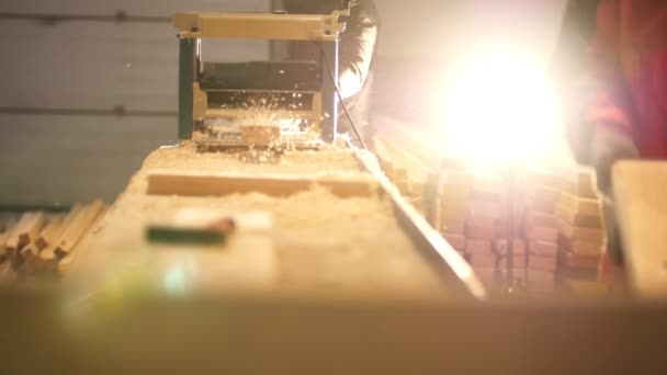 Testere ile kesme ve parlatma Yel değirmeninin kola bir tahtaya işçi denetim sürecinin grup — Stok video