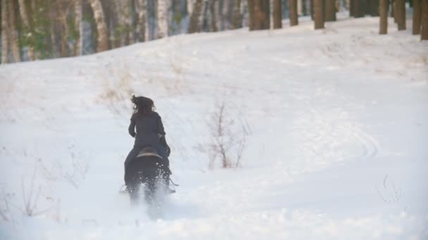 Langhaarige Reiterin reitet auf einem schwarzen Pferd durch die Drifts im winterlich verschneiten Feld — Stockvideo