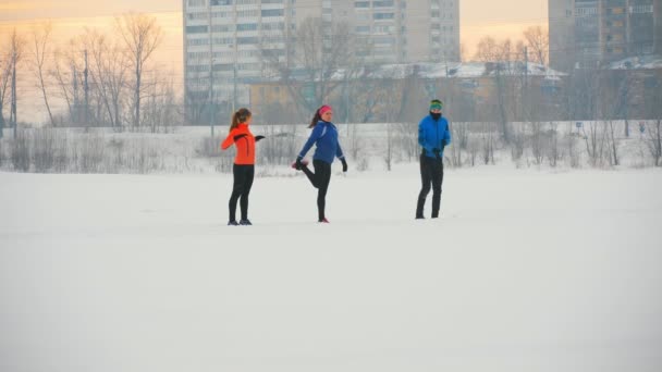 Группа спортсменов, выполняющих упражнения на зимнем ледовом поле — стоковое видео