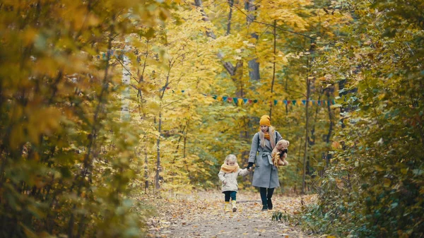 Mooie blonde dochtertje met haar mama wandelingen in herfst park - grappig hebben en het verzamelen van bladeren — Stockfoto