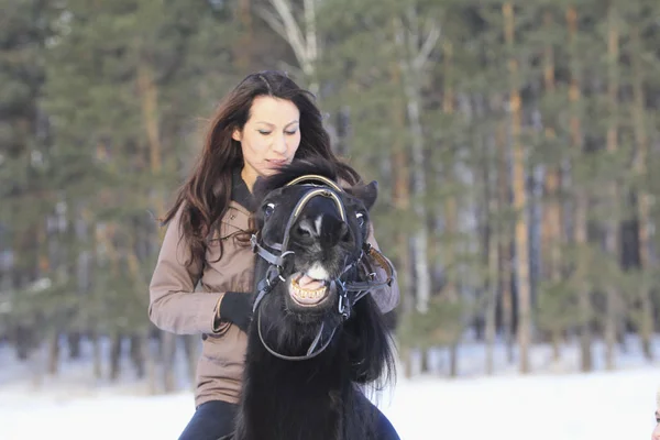 Retrato de uma jovem mulher monta em cima de um cavalo de baía no campo de inverno — Fotografia de Stock