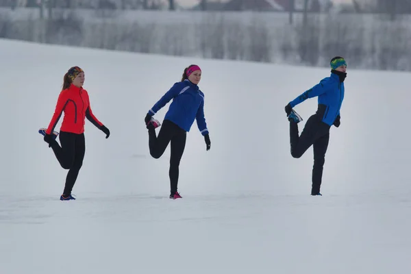 Grupa sportowców rozgrzewka i rozciąganie przed treningiem w zimowym lesie — Zdjęcie stockowe