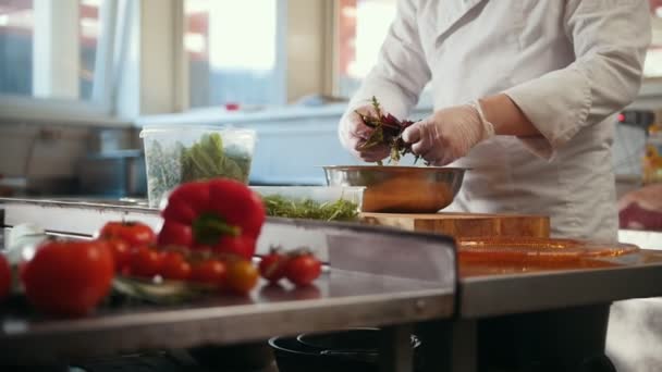 Chef prepara uma salada misturando os ingredientes com as mãos, legumes em primeiro plano — Vídeo de Stock