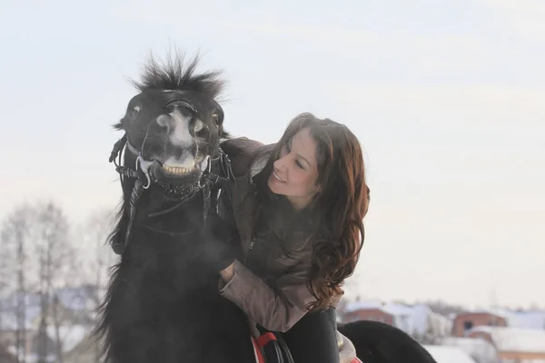 Jovem mulher de cabelo preto com um cavalo — Fotografia de Stock