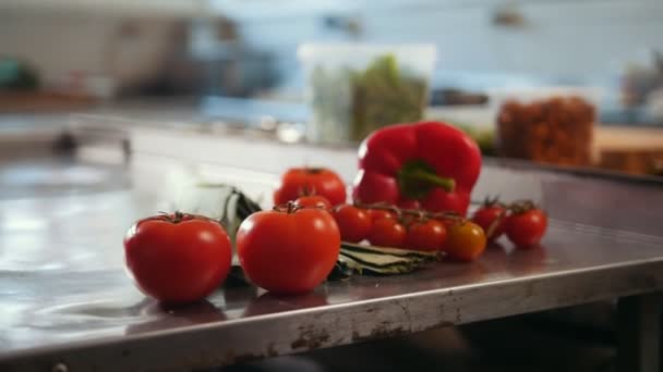 Verdure, pomodori, paprica, porri sdraiati sul tavolo in cucina commerciale — Video Stock