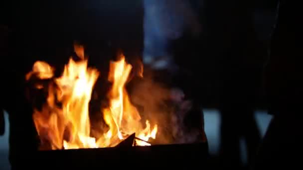 Fuego para barbacoa Grill en la noche de invierno — Vídeos de Stock